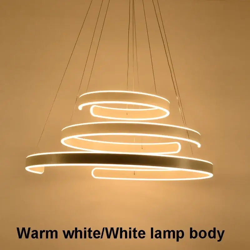 Modern bronze geometry circle rings pendant light with warm white led spiral rings and sleek white lamp body for living room