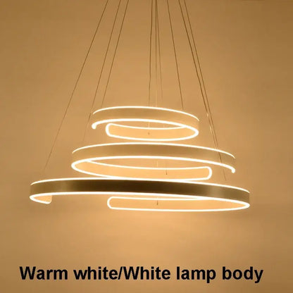 Modern bronze geometry circle rings pendant light with warm white led spiral rings and sleek white lamp body for living room