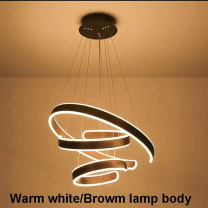 Modern bronze pendant light with warm white led geometry circle rings and brown lamp body for living room use