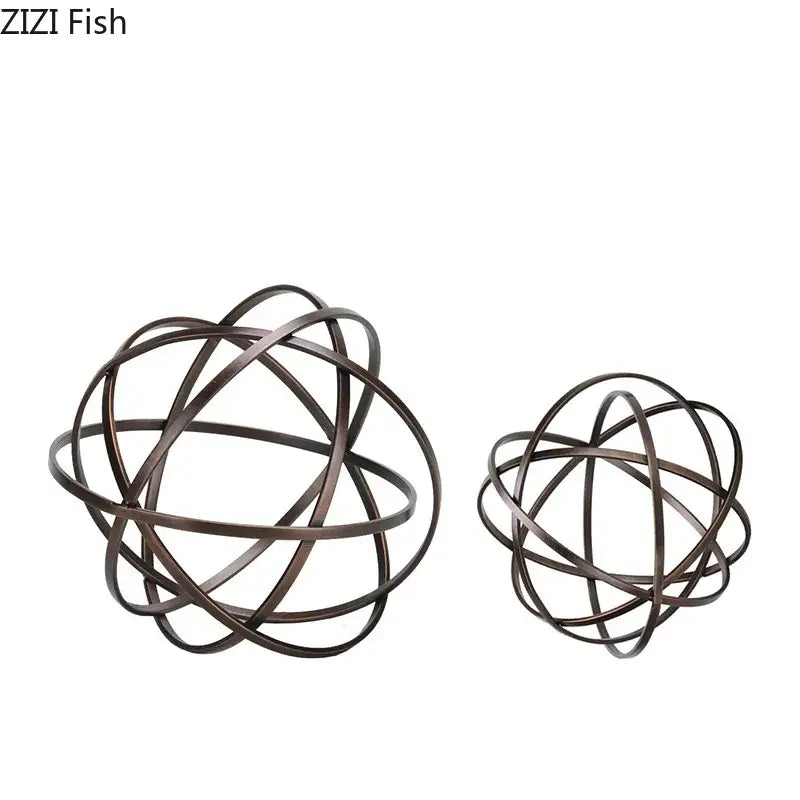 Modern bronze intertwined geometry sculpture with bronze-finished metal wire spheres and marble base for desk decoration