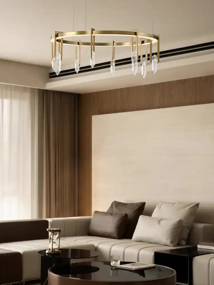 Modern bronze led crystal hanging lamp with gold-toned circular frame and dangling crystal droplets for living room decorbites bronze led