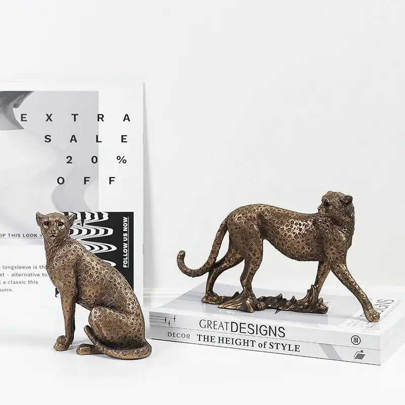 Modern bronze leopard statue featuring bronze-colored cheetah figurines with detailed spots for living room decorbites leopard statue