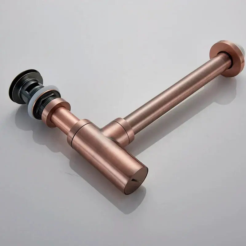 Modern bronze round siphon bottle trap bathroom sink drain pipe with copper finish and black rubber stopper for decorbites bronze round