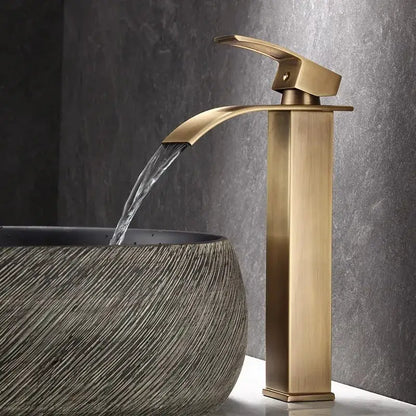 Modern bronze waterfall basin faucet with brass finish and rectangular spout for stylish bathroom sink mixer tap