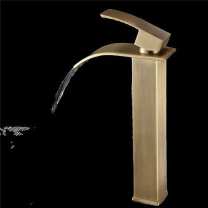 Modern bronze waterfall basin faucet with brass finish sleek tall rectangular spout and curved handle decorbites bronze basin faucet