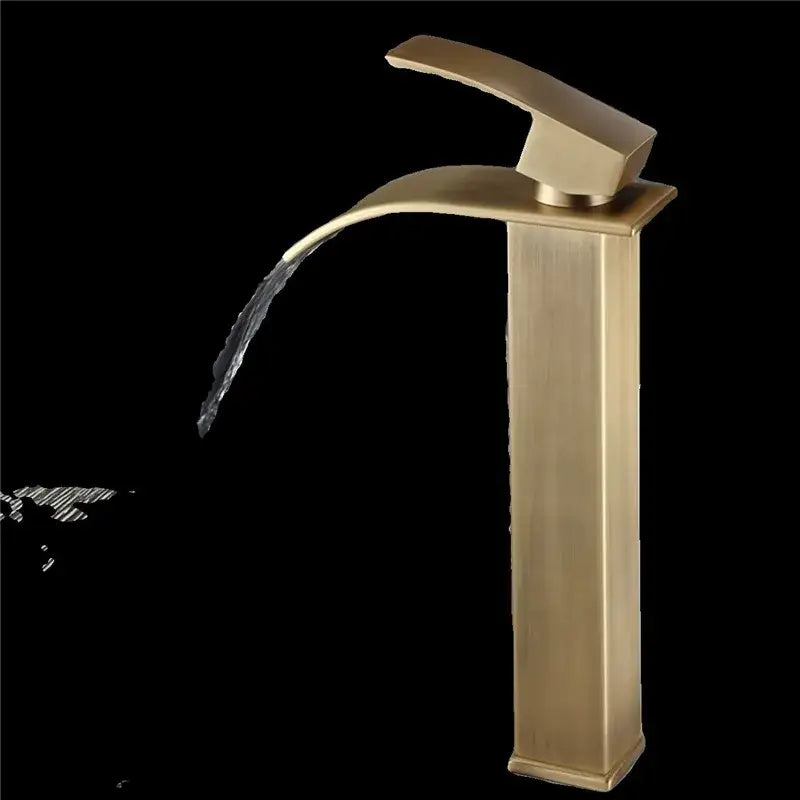 Modern bronze waterfall basin faucet with brass finish sleek tall rectangular spout and curved handle decorbites bronze basin faucet