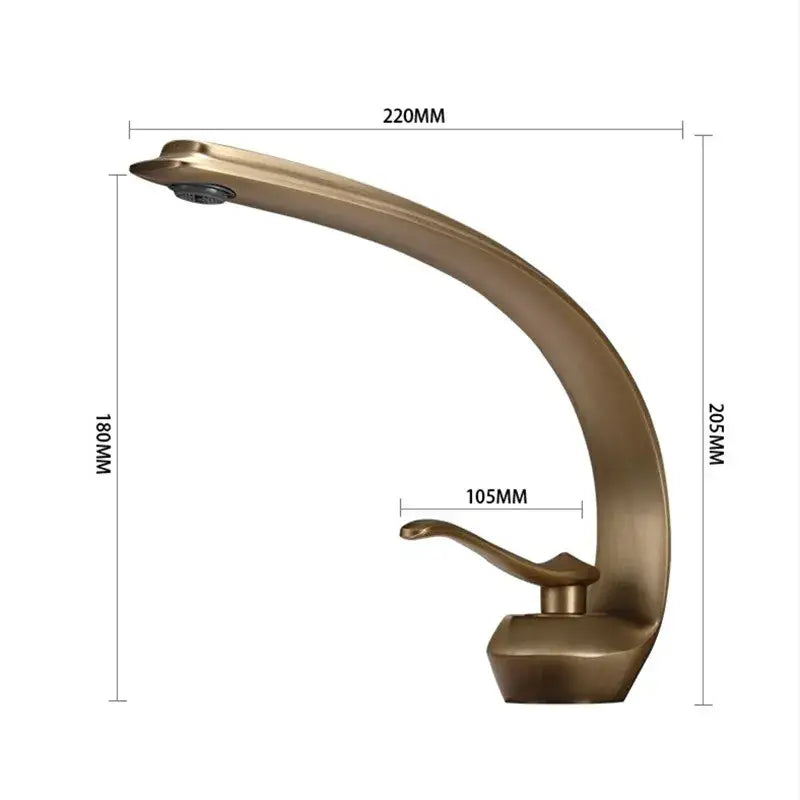 Brass-finished modern bronze waterfall bathroom faucet with sleek curved design and integrated handle for hot and cold use