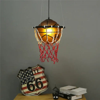 Modern brown basketball pendant lights with warm glowing vintage orange ball and red netting for kitchen decorbites pendant lights