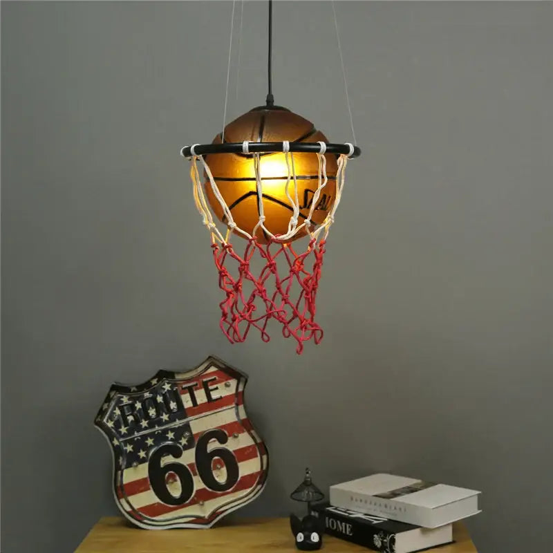 Modern brown basketball pendant lights with warm glowing vintage orange ball and red netting for kitchen decorbites pendant lights