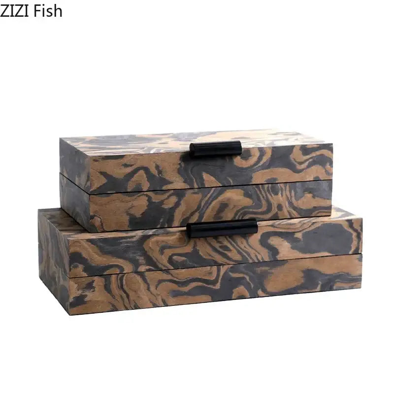 Set of three rectangular wooden jewelry boxes with black and tan auspicious clouds texture and sleek black handles