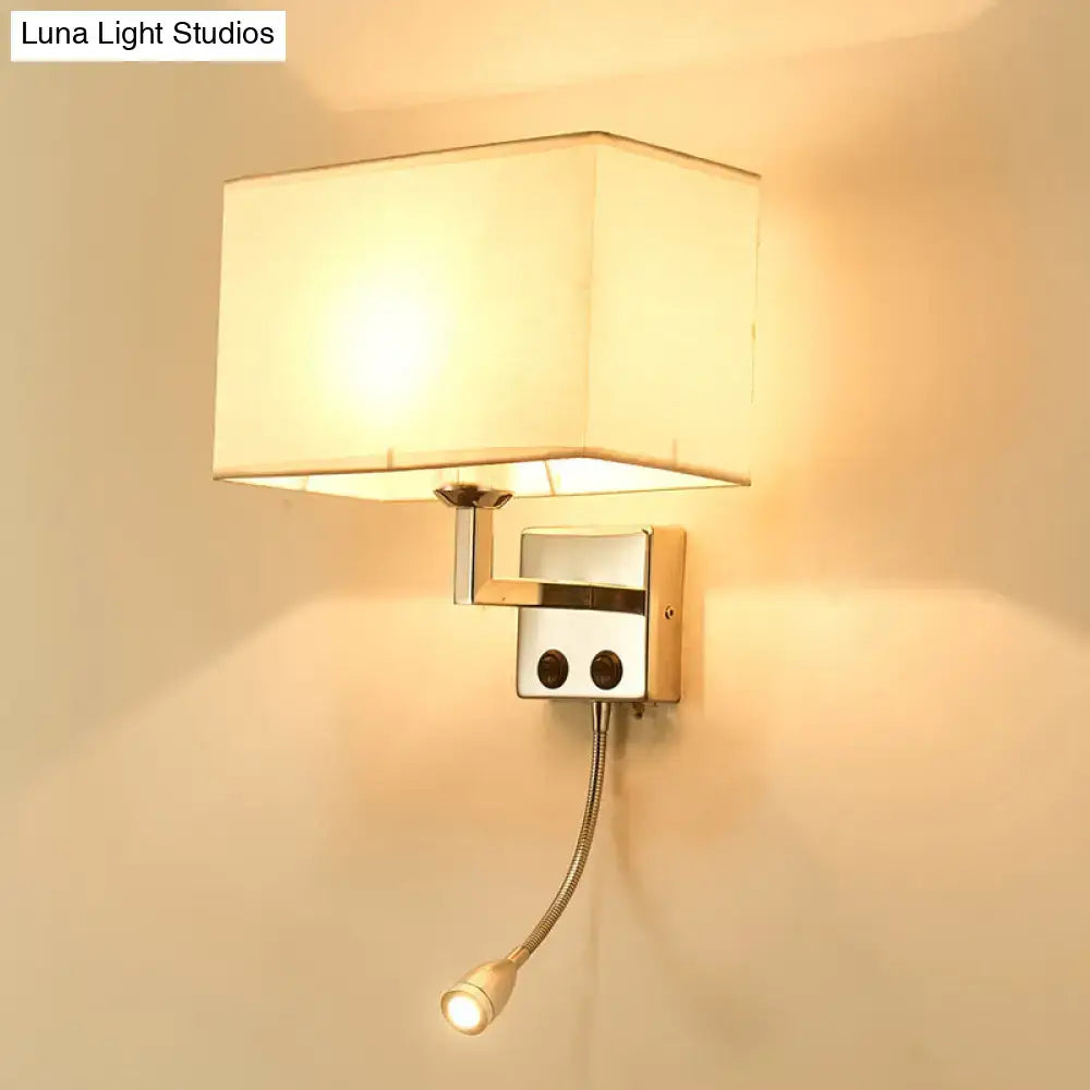 Modern brown and chrome bedroom spotlight wall lamp with cream fabric shade and adjustable gooseneck reading light