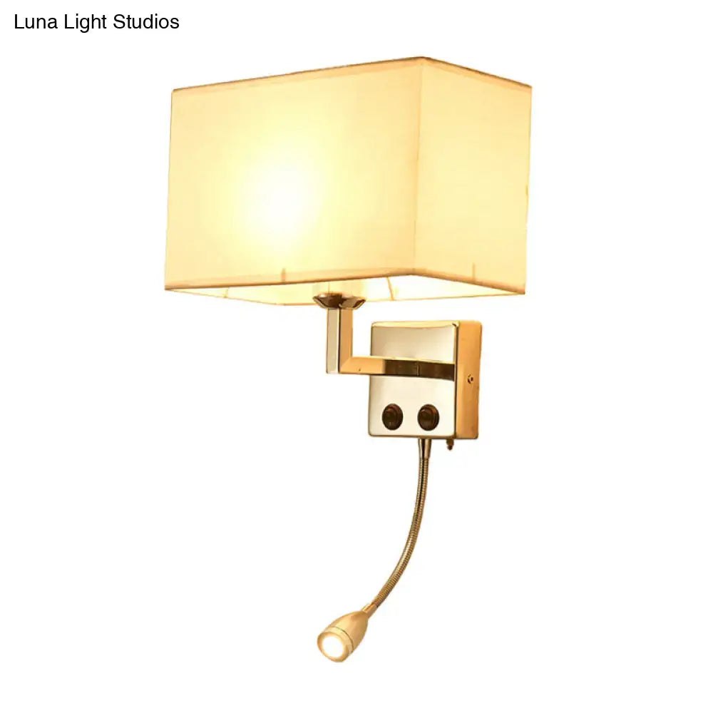 Modern brown and chrome bedroom spotlight wall lamp with gold finished adjustable gooseneck wall light and fabric shade
