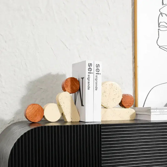 Modern brown and cream geometric circle resin handicrafts bookends made of natural wood and textured stone for living room decorbites geometric circle