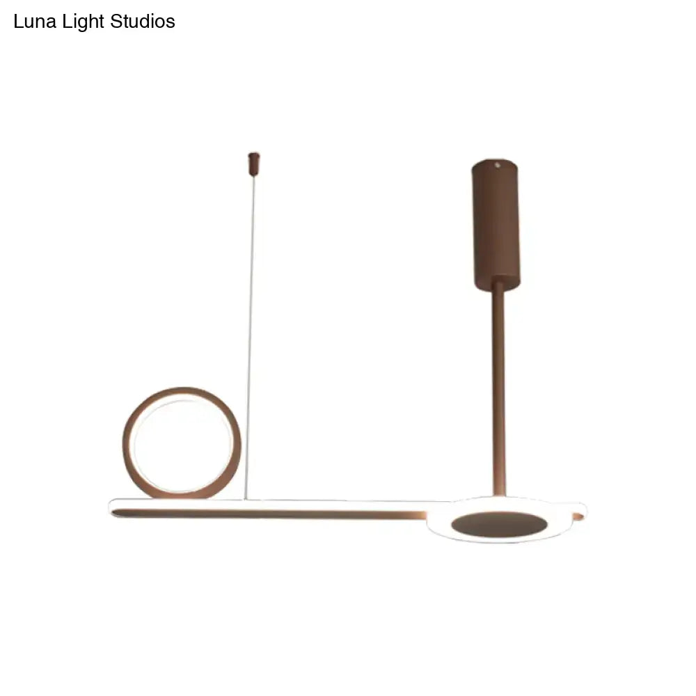 Modern bronze-finished metal ring hanging light with sleek circular and elongated led elements for bedroom use