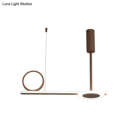 Modern bronze-finished metal ring hanging light with sleek circular and elongated led elements for bedroom use