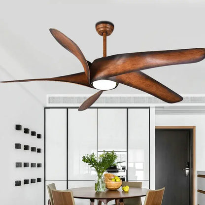 Modern brown vintage ceiling fan with five wide wooden blades and led light for living room decorbites brown vintage design