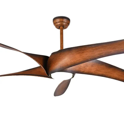 Modern brown vintage ceiling fan with led light featuring sculpted wooden blades and dark wood motor housing for living room decor