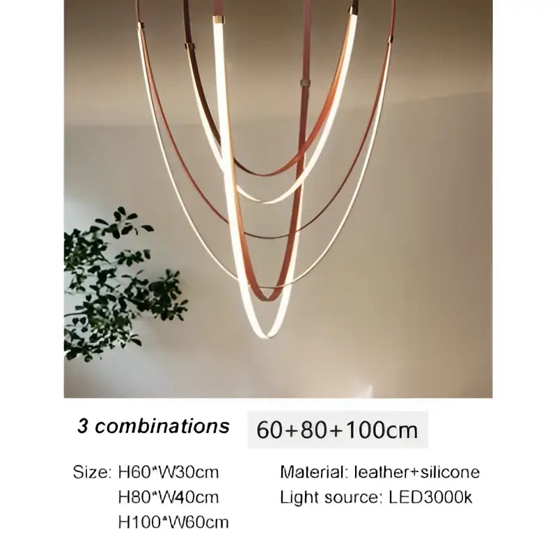 A modern brown and white decorbites designer belt light chandelier with curved leather and silicone bands in warm copper tones