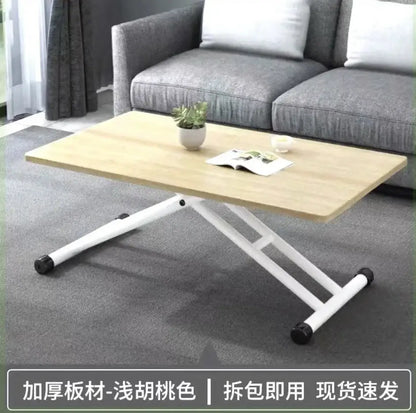 Modern brown wood adjustable coffee table with light oak top white metal frame and black rubber feet by decorbites