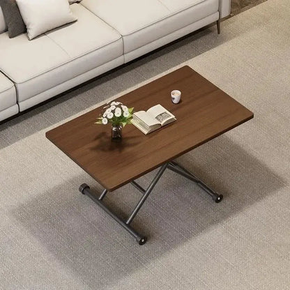 Modern brown wood adjustable coffee table with sleek foldable metal frame and caster wheels for living room decorbites adjustable coffee table