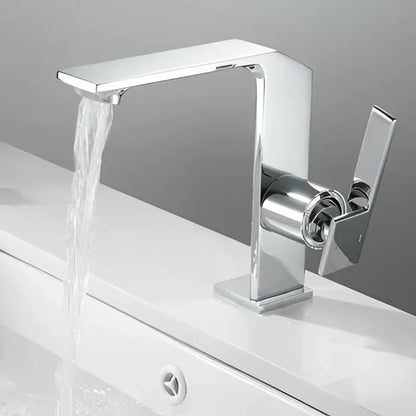 Modern chrome finished basin faucet with sleek angular design and waterfall spout in decorbites brush gold style