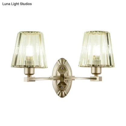 Modern brushed nickel two-light wall sconce with fluted translucent glass shades wall light fixture for bedroom use