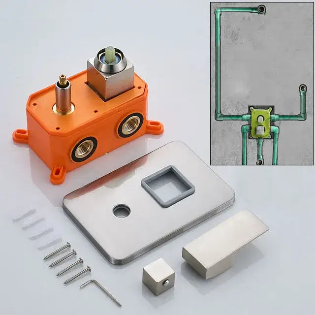 Modern brushed brass and orange shower mixer valve showing orange plastic housing with brass fittings and stainless steel faceplate