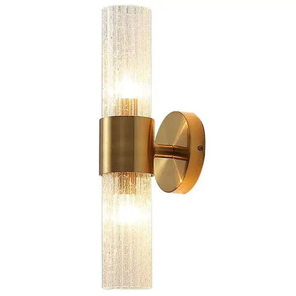 Modern brushed brass crystal wall lamp featuring a gold-toned wall lamp with textured translucent glass cylinder for bedroom decorbites crystal wall use