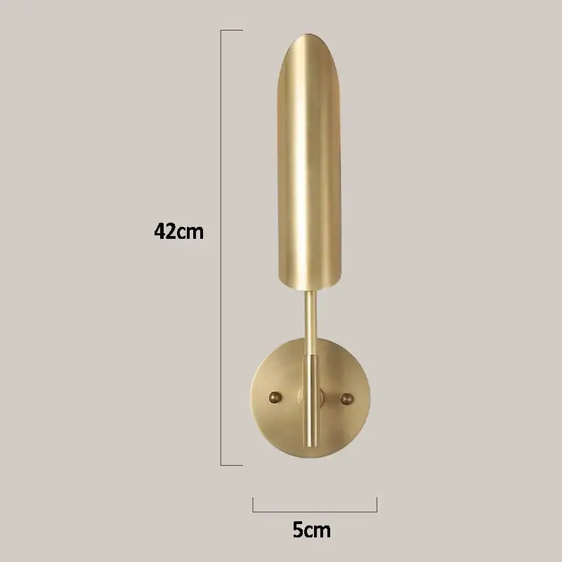 A sleek 42cm tall modern brushed brass golden wall lamp with cylindrical head for luxury bedroom decorbites golden wall lamp