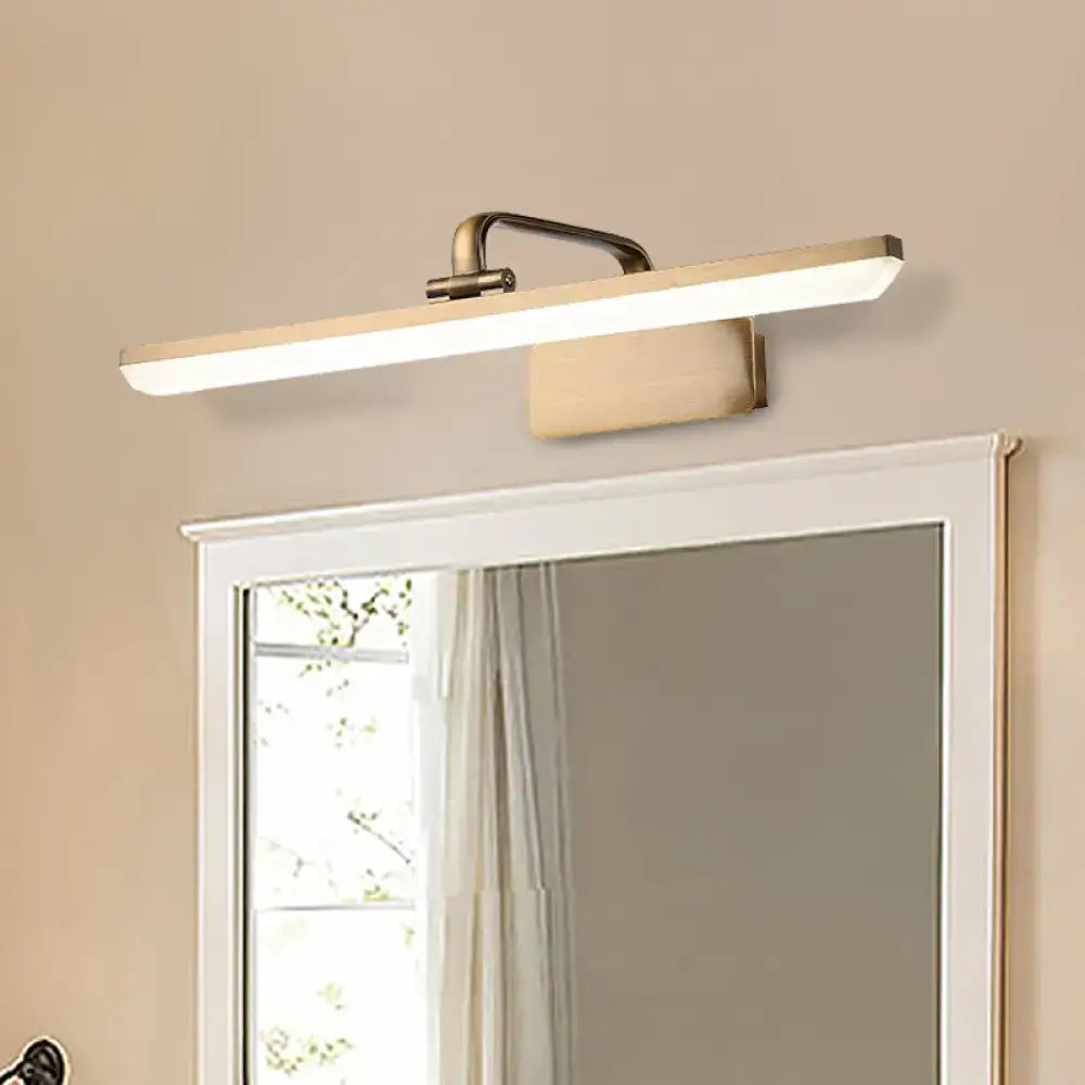 Modern brushed brass led vanity sconce with rectangular white illuminated panel for bathroom wall lighting