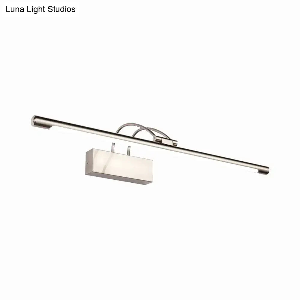 Modern brushed nickel linear wall light with rectangular frosted glass diffuser and sleek curved mounting arms