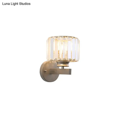 Modern brushed brass nickel drum sconce light with cylindrical crystal shade and vertical facets for bedroom 220v-240v 110v-120v