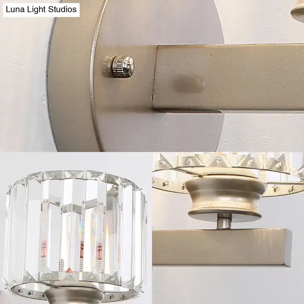 Modern brushed nickel drum sconce light with clear crystal prisms designed for bedroom 220v-240v 110v-120v use
