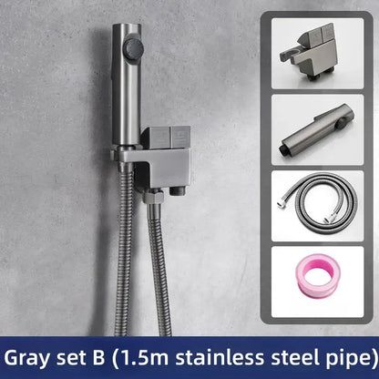 Modern brushed copper bidet spray gun set with gray stainless steel showerhead, 1.5m flexible hose, and pink silicone cap
