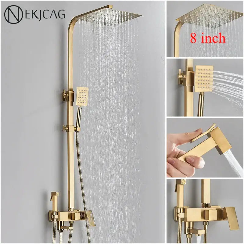 Modern brushed gold 4-function shower faucet set with gold finished 8-inch rainfall shower head and handheld fixtures