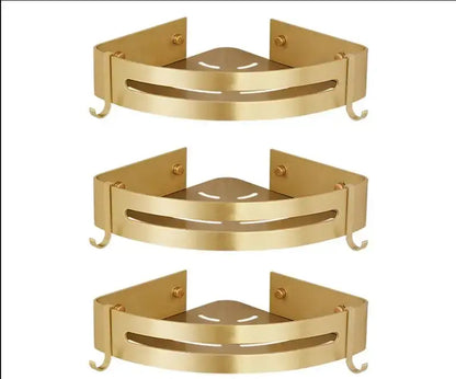 Modern brushed gold aluminum corner shelf with two hooks and central cutout design by decorbites brushed gold