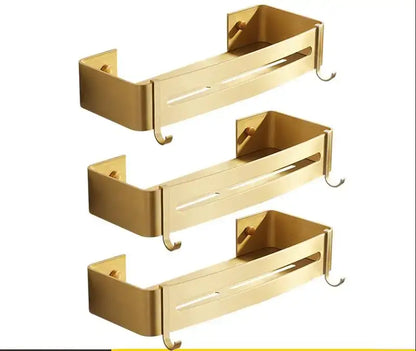 Modern brushed gold aluminum corner shelf with sleek design and two hooks by decorbites brushed gold aluminum