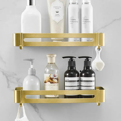 Modern brushed gold aluminum corner shelf with two tiers and integrated hooks for bathroom shampoo holder decorbites brushed gold