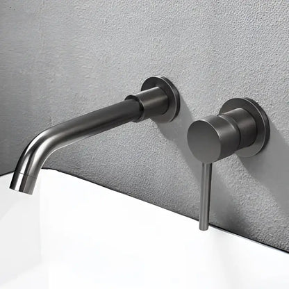 Modern brushed gold and black basin faucet set with matte black wall-mounted faucet and minimalist cylindrical handle