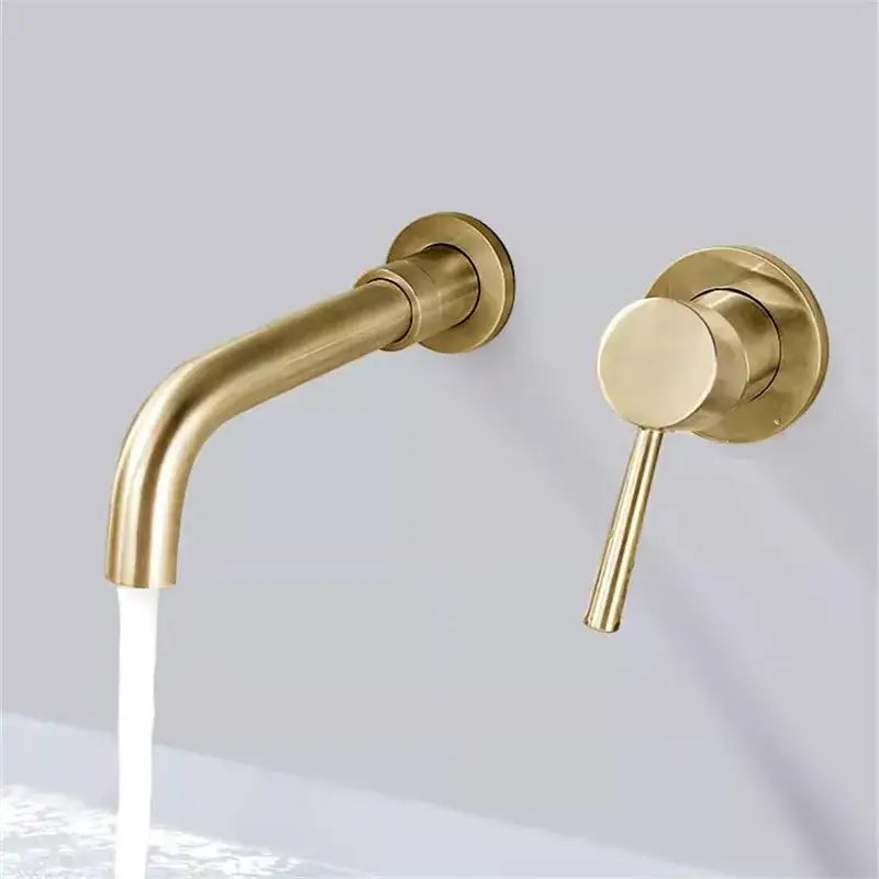 Modern brushed gold and black basin faucet set with brass-finished wall-mounted faucet and curved spout for bathroom sink
