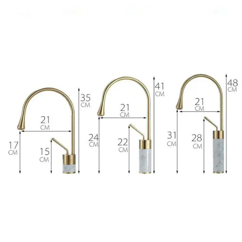 Modern brushed gold and marble bathroom sink faucet with brushed gold brass finish marble base and curved spout in multiple sizes