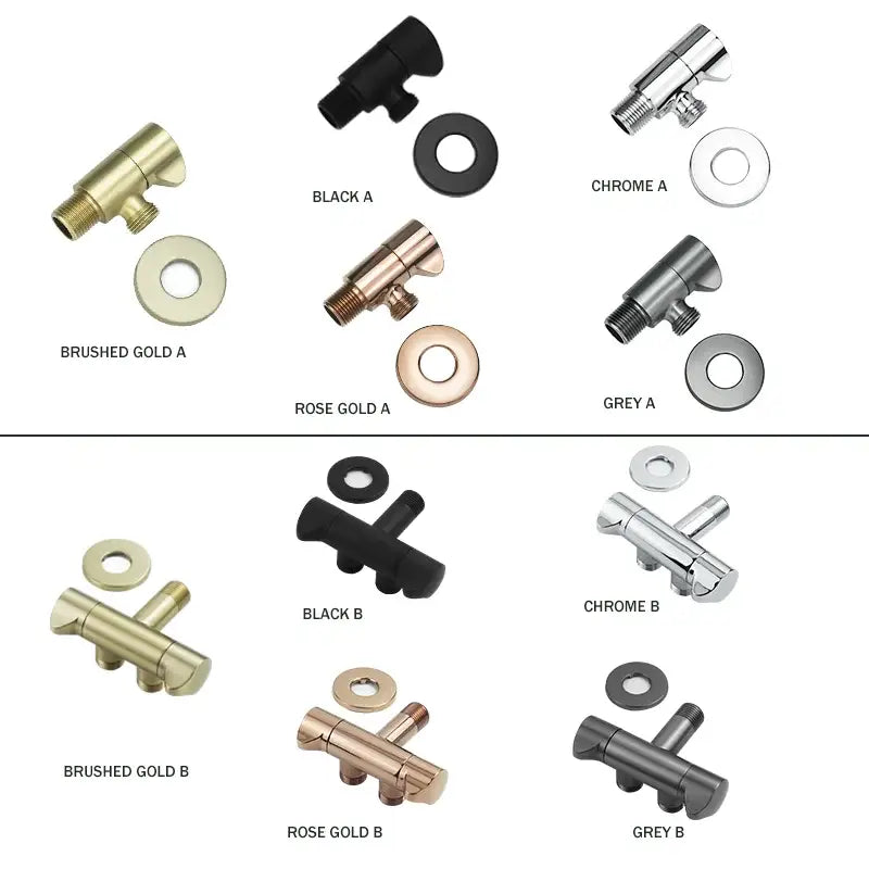Modern brushed gold angled dual outlet filling valve with sleek bathroom faucet handles in various finishes displayed