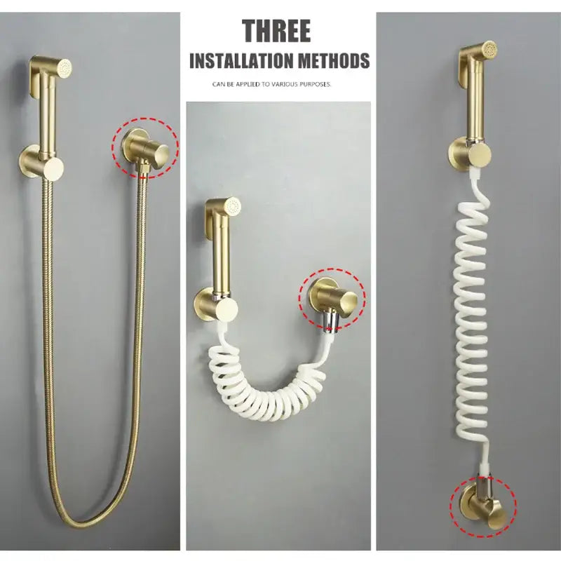 Modern brushed gold angled dual outlet filling valve with gold wall-mounted handheld shower sprayer and flexible hose