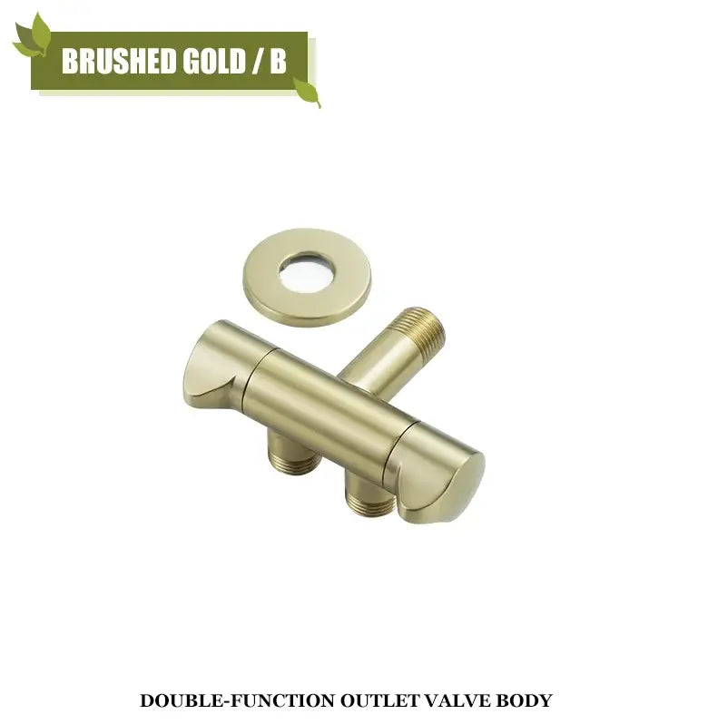Brushed gold angled dual outlet filling valve with sleek cylindrical design and threaded connections for bathroom use