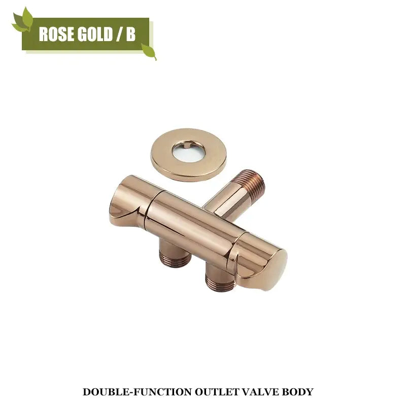 Rose gold brushed gold angled dual outlet filling valve body with polished finish and threaded connections for bathroom use