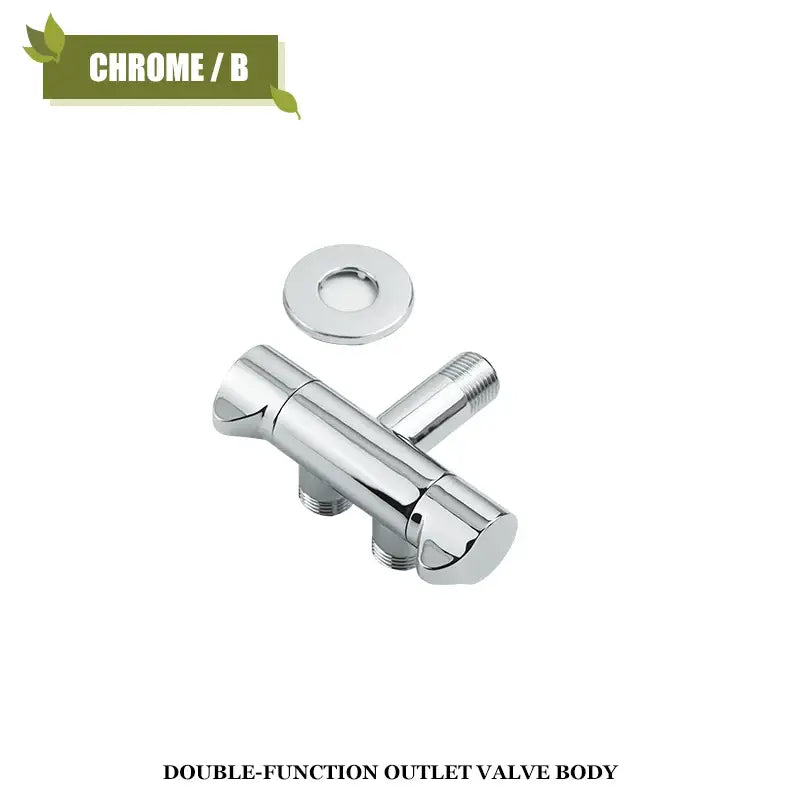 Chrome-finished double-function filling valve body with sleek modern design and threaded connections for bathroom use