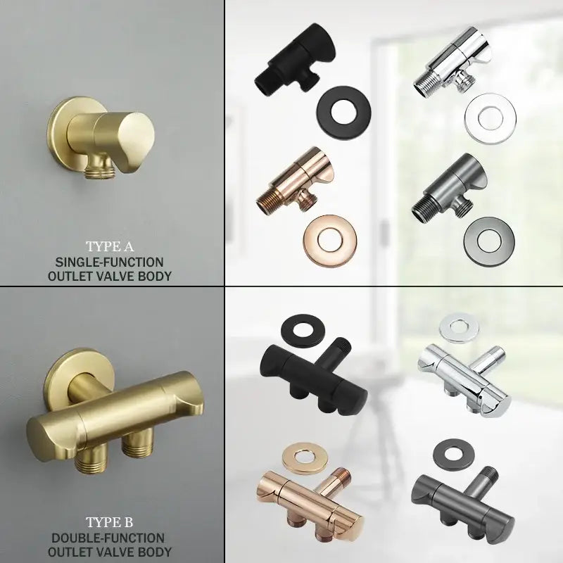 Modern brushed gold angled dual outlet filling valve with gold-finished single and double-function valve bodies and caps