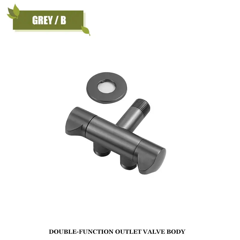 Matte grey double-function filling valve body with angled dual outlet and threaded connections for modern bathrooms