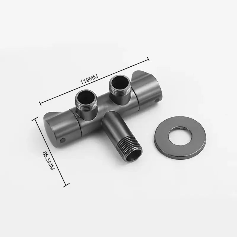Modern brushed gold angled dual outlet filling valve featuring a matte black brushed stainless steel valve with three ports