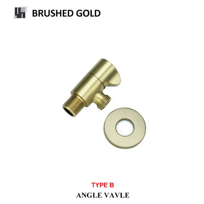 Modern brushed gold angled dual outlet filling valve with matching circular washer featuring a sleek metallic finish